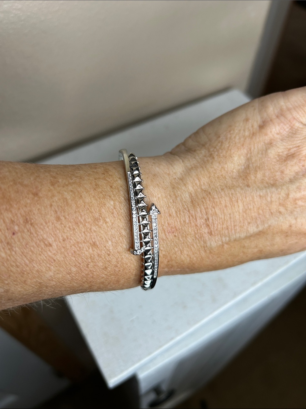 Geometric Harmony Silver Plated Cubic Zirconia Arrow Bangle Bracelet